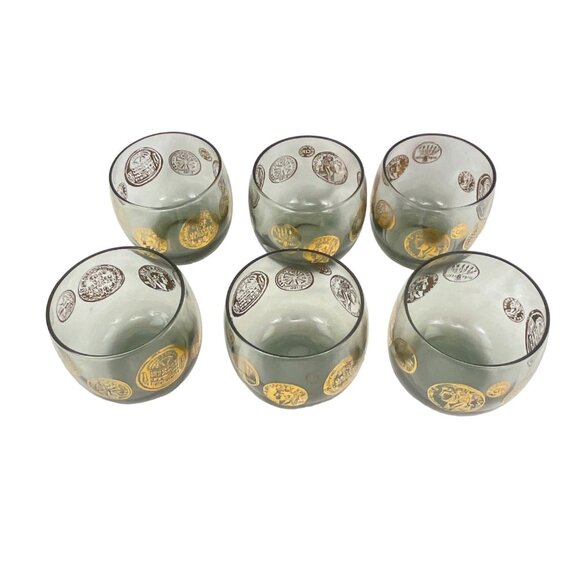 Vintage Mid-Century Lowball Glasses Set of 6 Coin Design 22K Gold Accents Smoky - Picture 10 of 10